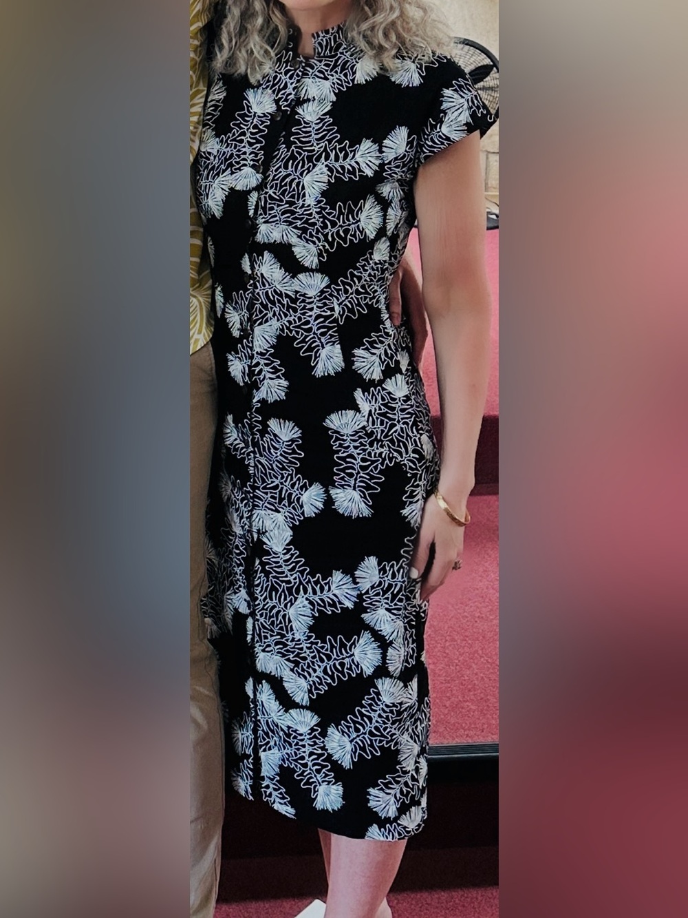Sig Zane Ohi’a floral midi dress button front with pockets black & white